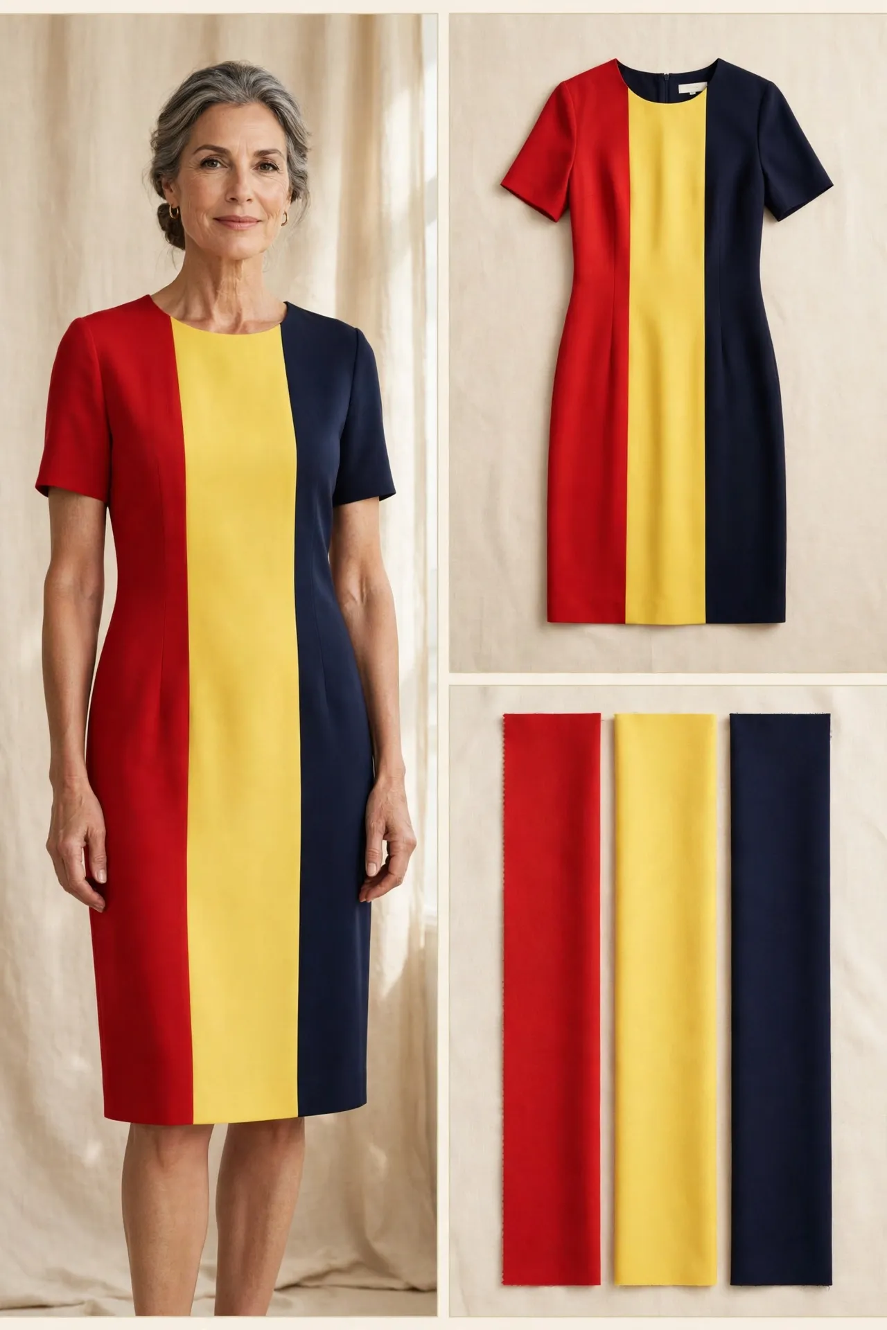 Woman over 50 in a red, yellow and navy colour-block shift dress with short sleeves, shown with a flat-lay of the dress and fabric swatches