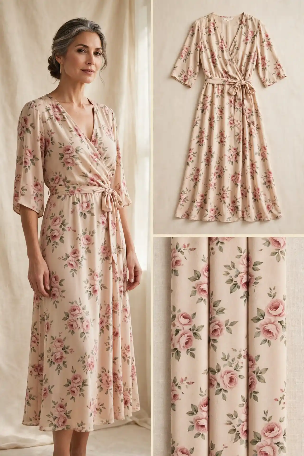 Elegant woman over 50 in a rose floral soft wrap midi dress with a gentle tie waist and elbow-length sleeves, shown worn, as a flat-lay, and as fabric swatches.