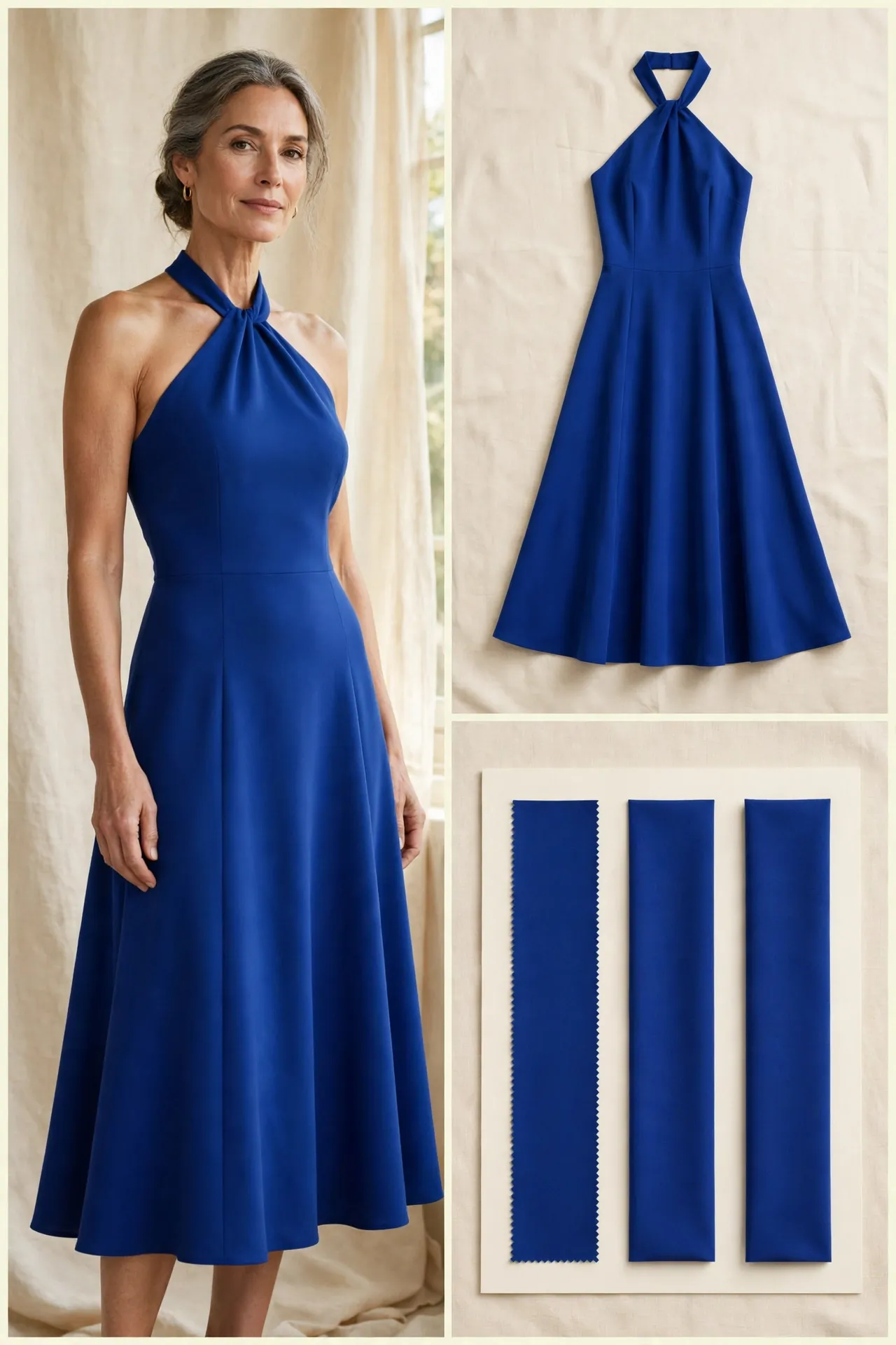Woman over 50 wearing a royal blue halter-neck midi dress with a flared skirt