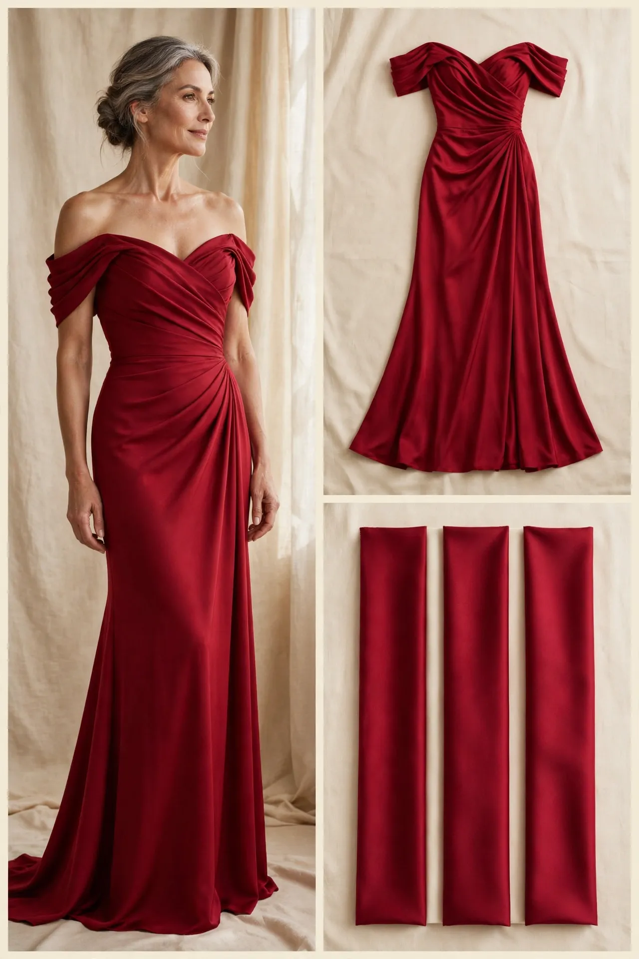 A stunning woman over 50 wearing a ruby red off-the-shoulder draped gown with a draped bust and fitted waist.
