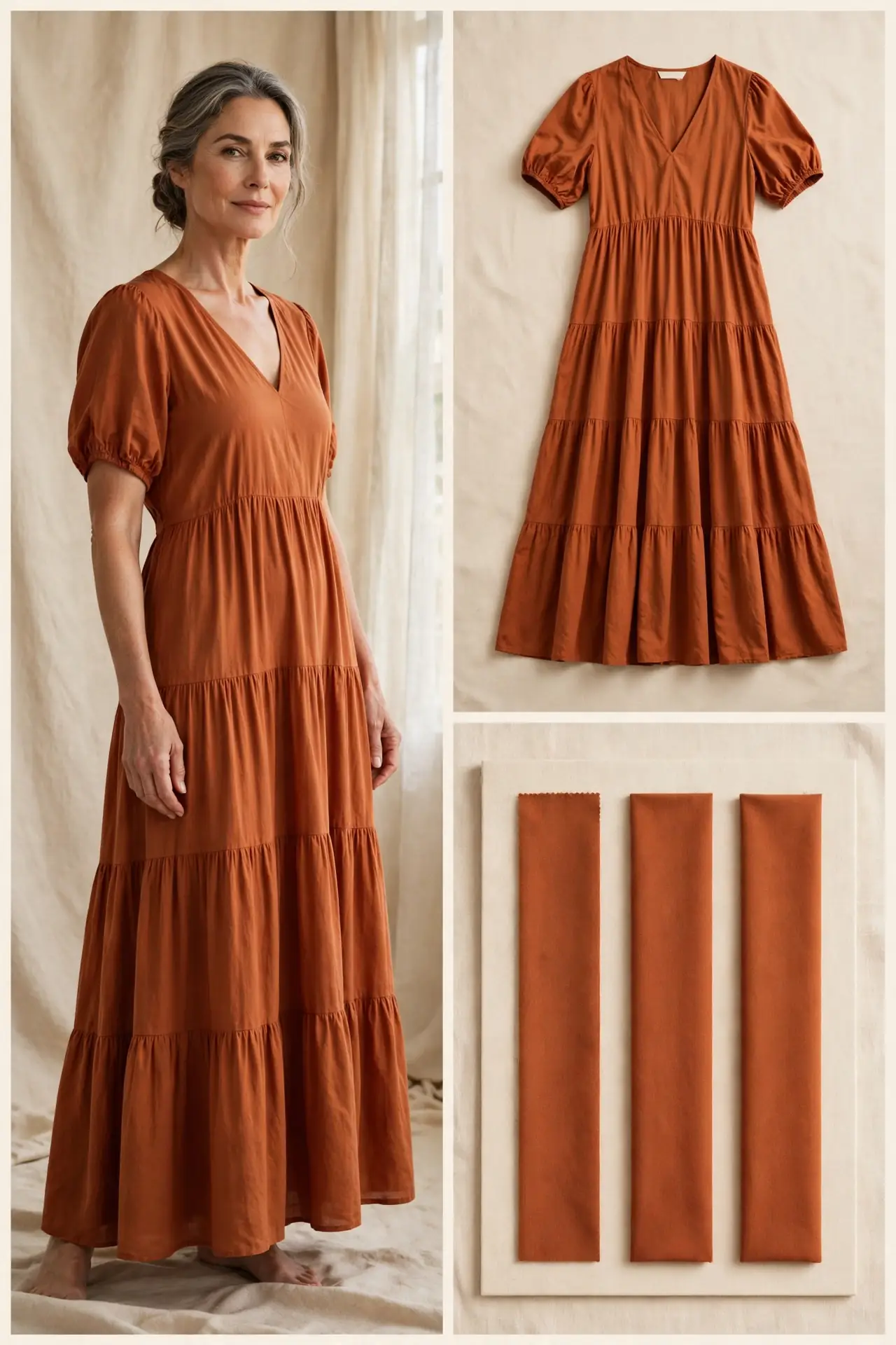 Woman over 50 wearing a rust tiered cotton maxi dress with V-neckline, short sleeves and ankle-length gathered tiers