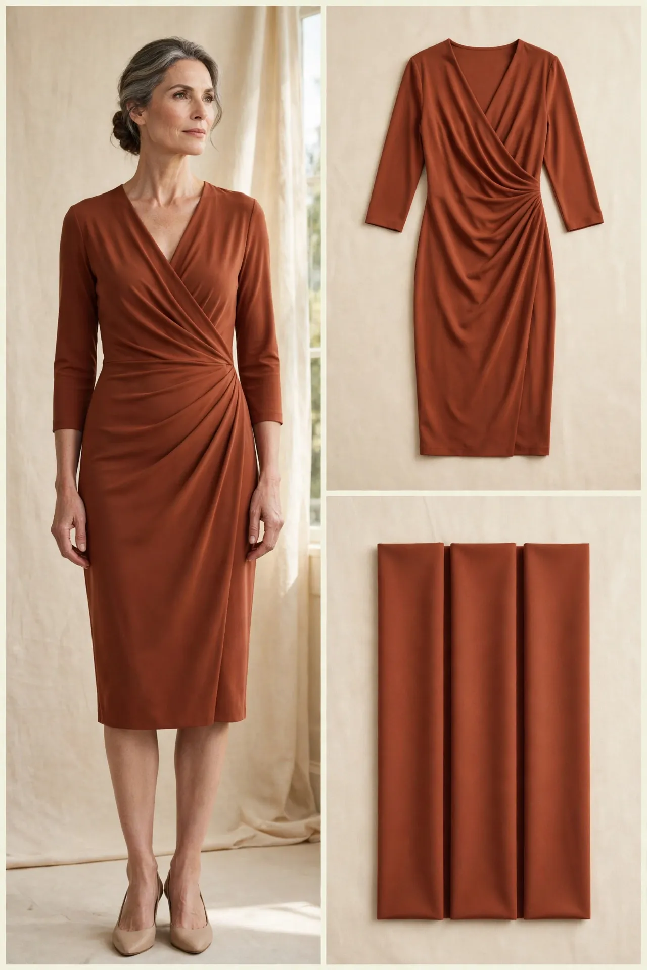 A woman over 50 wearing a rust faux-wrap dress in matte jersey with a draped front, V-neck, and knee length.