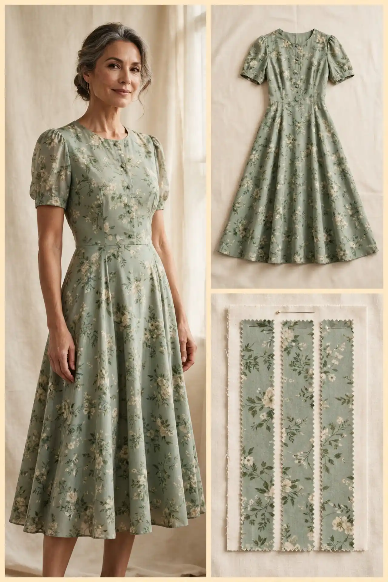 Woman over 50 wearing a sage floral tea-length dress with a fitted bodice, full A-line skirt, and short sleeves