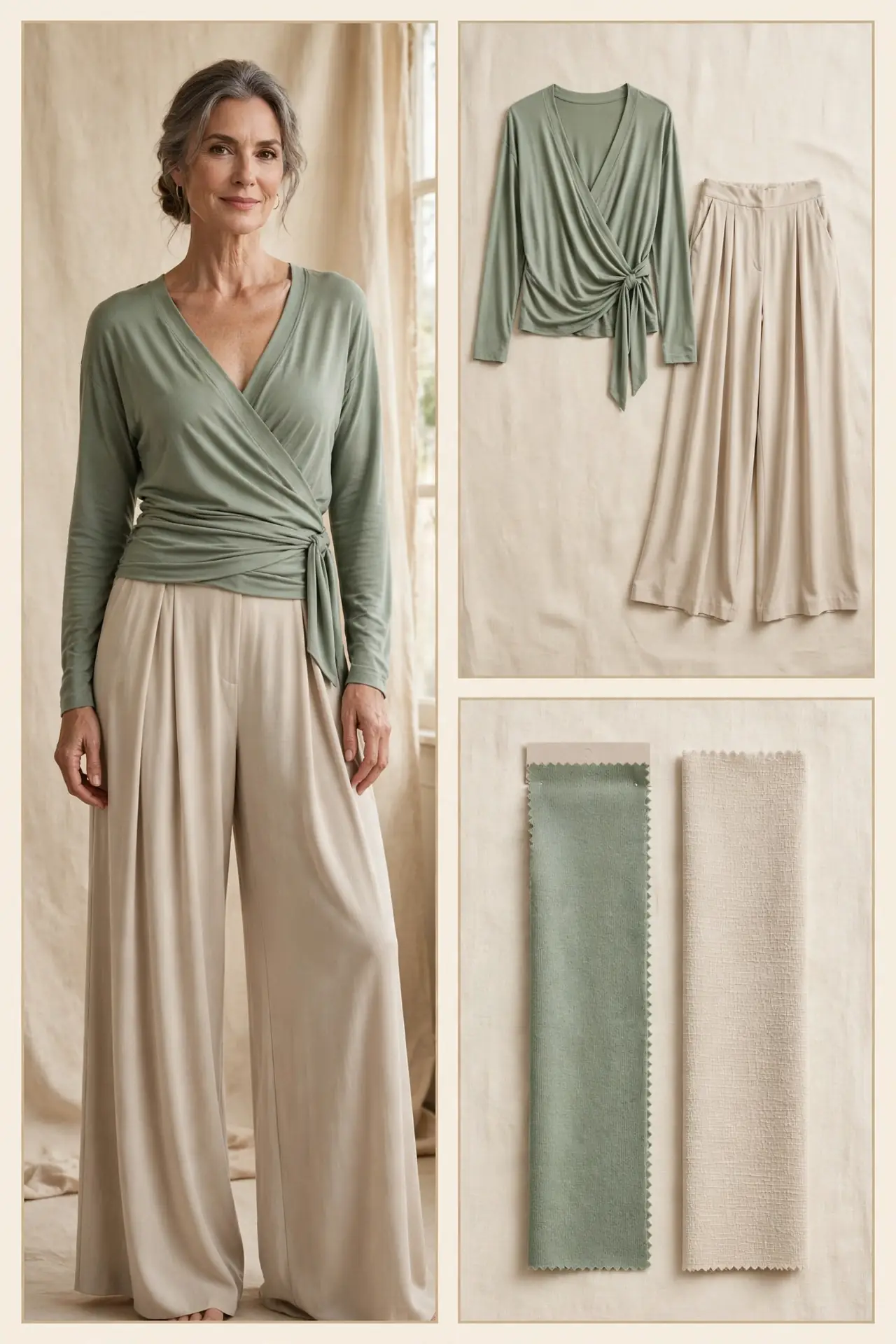 A woman over 50 wearing a sage green jersey wrap top with stone wide-leg trousers, with matching flat-lay and fabric swatches