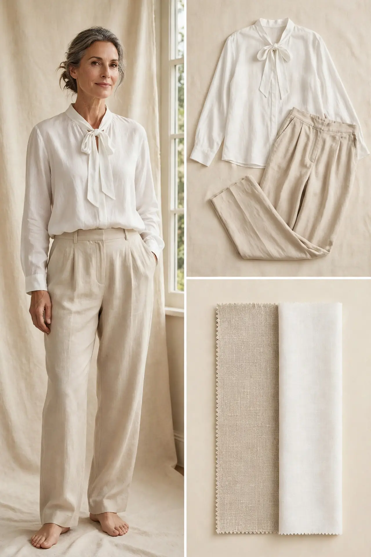 Woman over 50 styling sand relaxed linen trousers with a white soft tie-neck blouse, shown with a flat-lay of the outfit and linen fabric swatches
