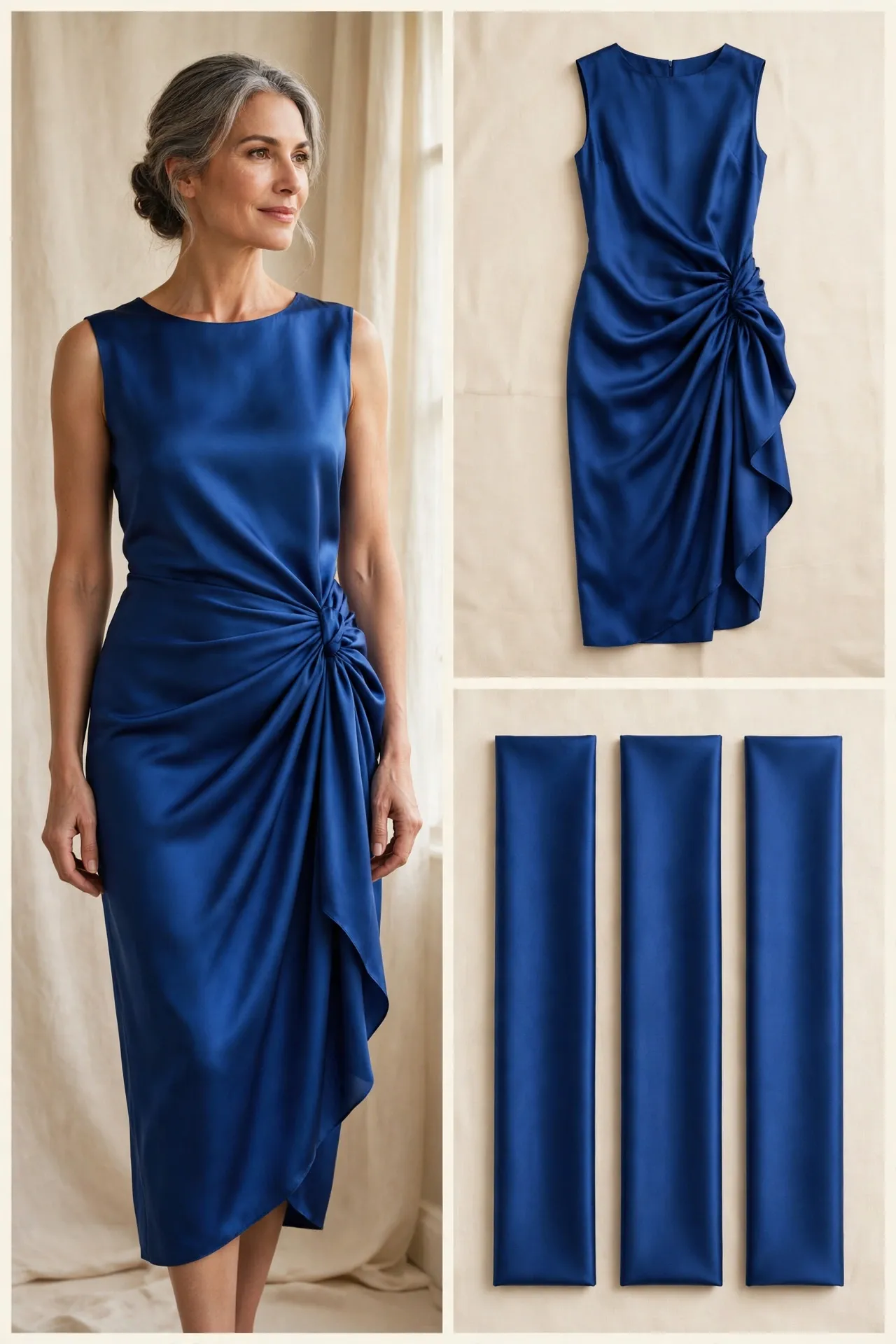 A poised woman over 50 in a sapphire blue silk sarong-style draped evening dress gathered at one hip.