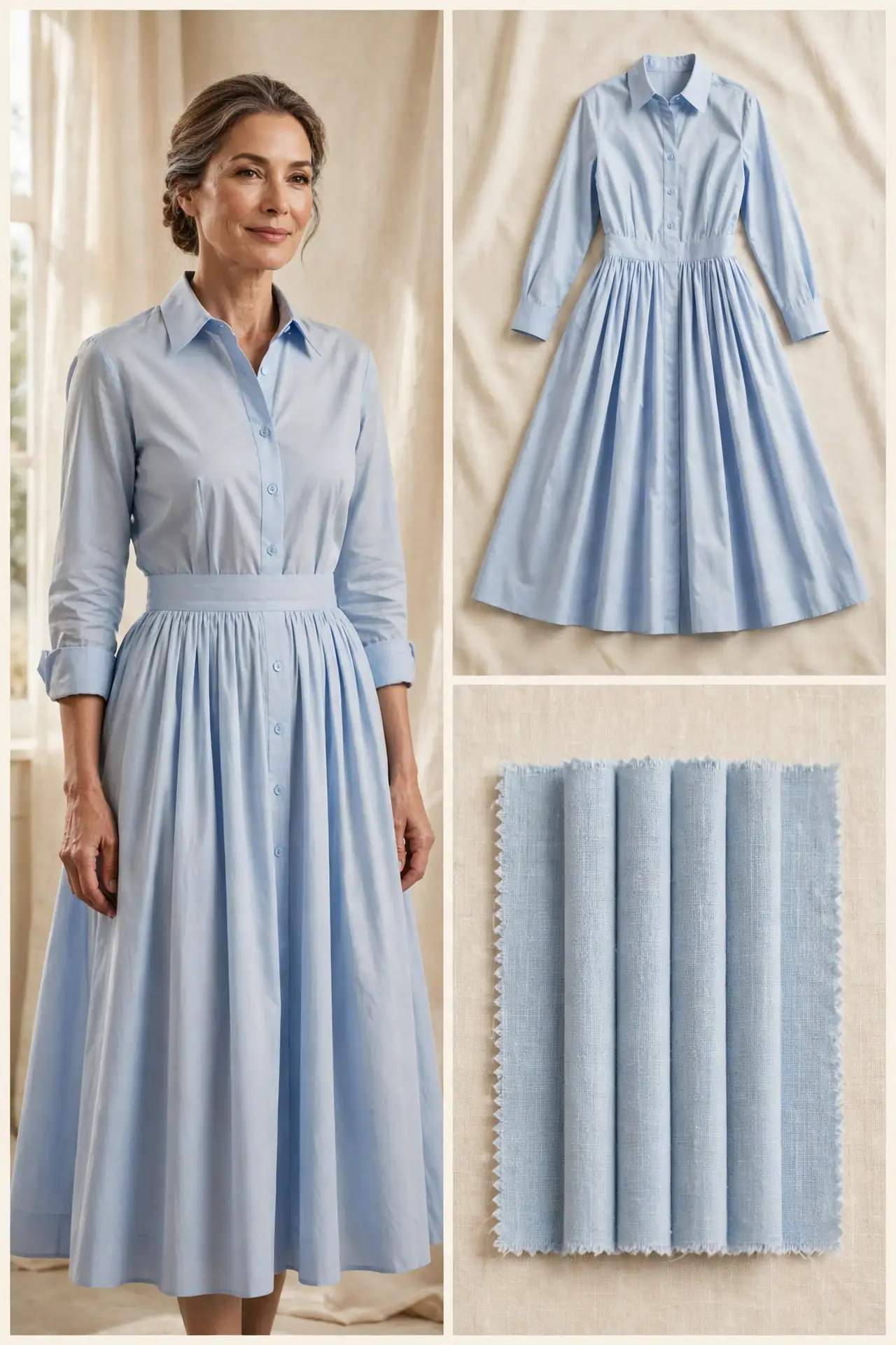 Light blue poplin shirtdress for pear-shaped women over 50 — collar, button front, full skirt, flat lay and fabric swatches