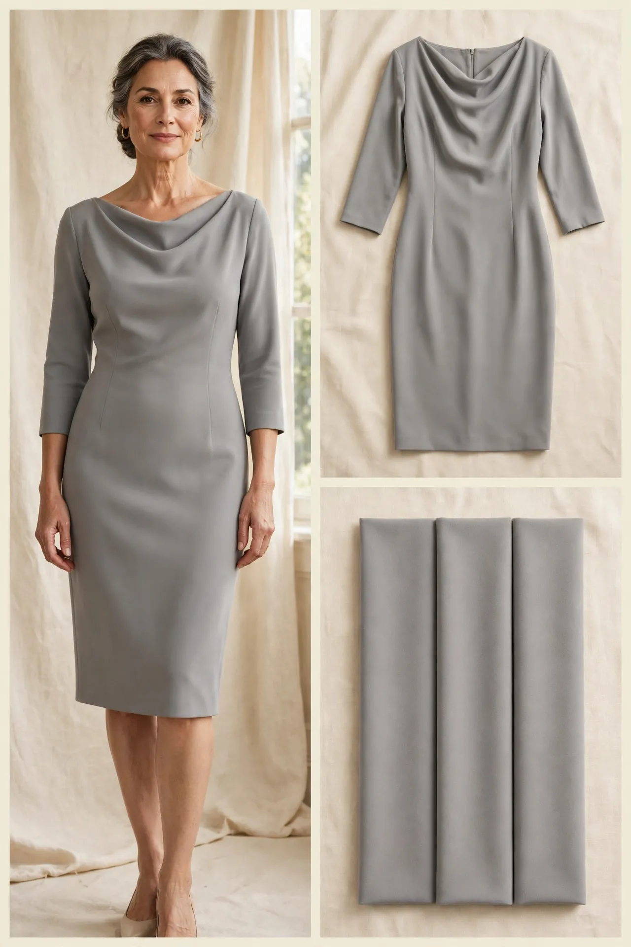 Elegant woman over 50 wearing a dove grey soft-shouldered sheath dress with draped neckline, three-quarter sleeves, and matching crepe fabric swatches