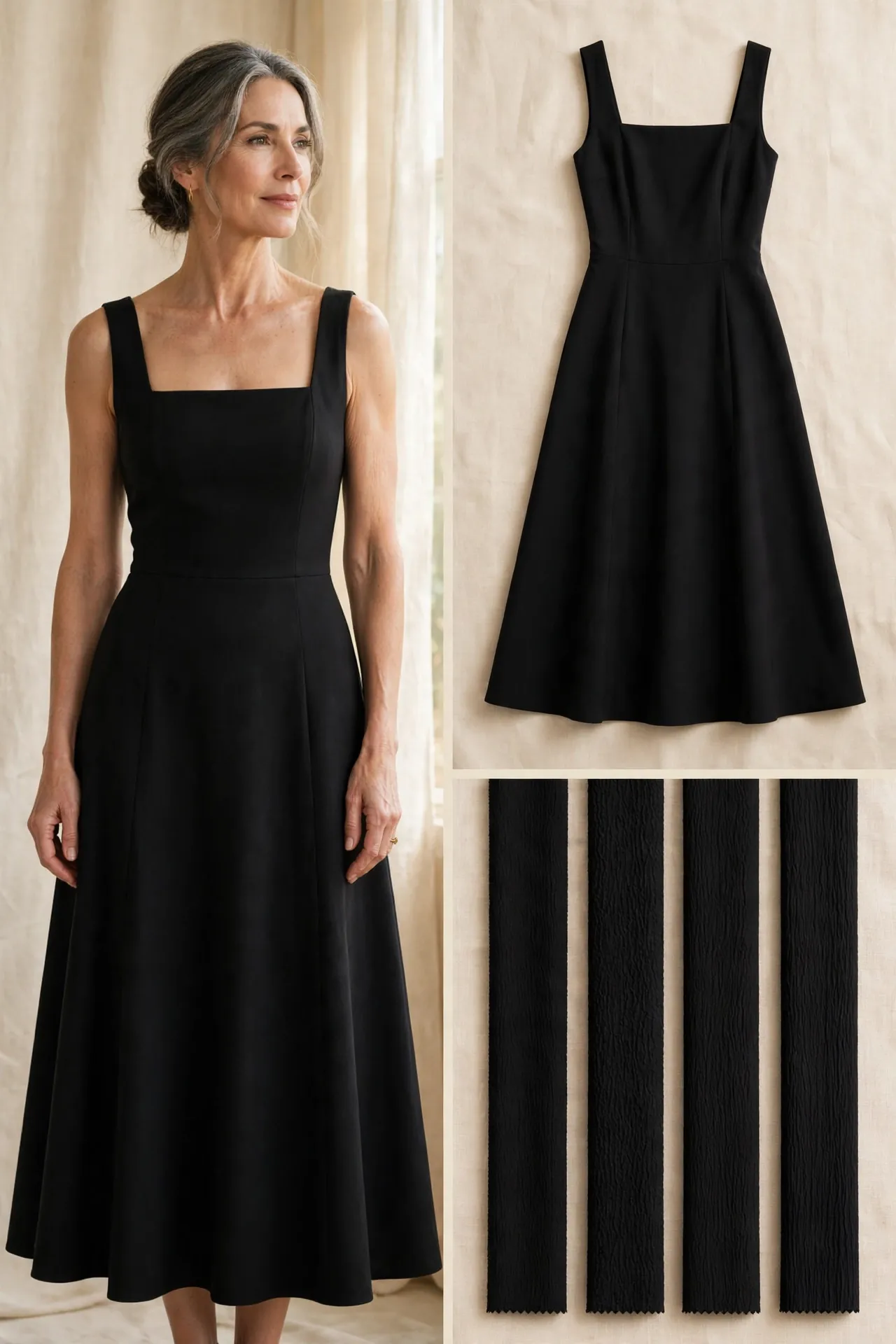 Black square-neck dress for pear-shaped women over 50 — fitted bodice, A-line skirt, flat lay and crepe fabric swatches