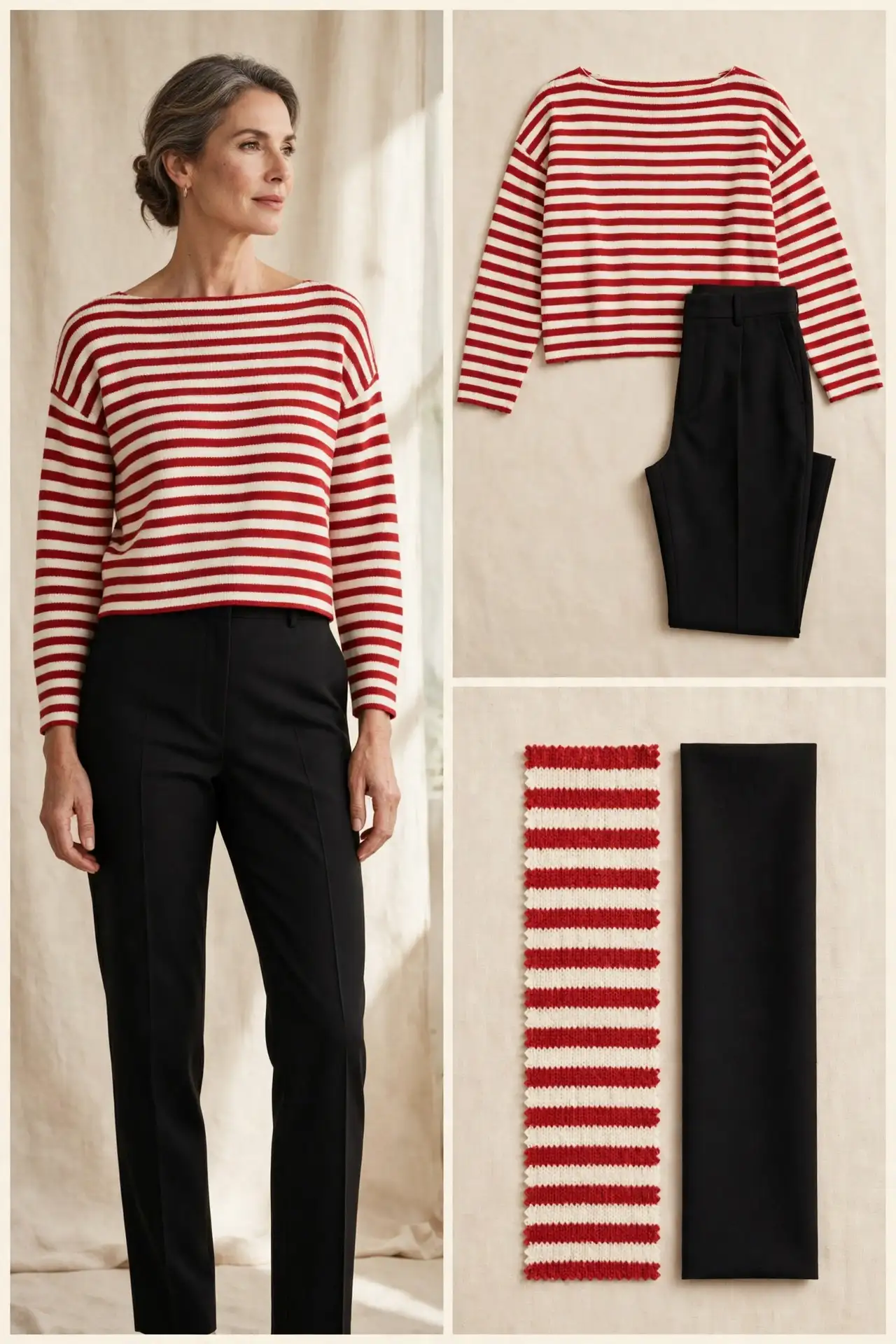 Woman over 50 wearing a red-and-white striped cropped sweater with high-waisted black cigarette trousers, shown with a flat-lay of the garments and fabric swatches