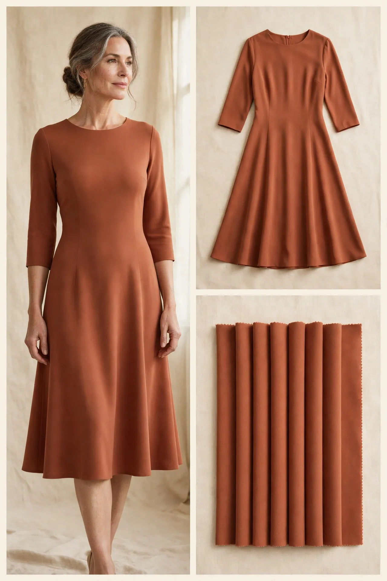 Woman over 50 wearing a terracotta solid swing dress with a soft trapeze flare