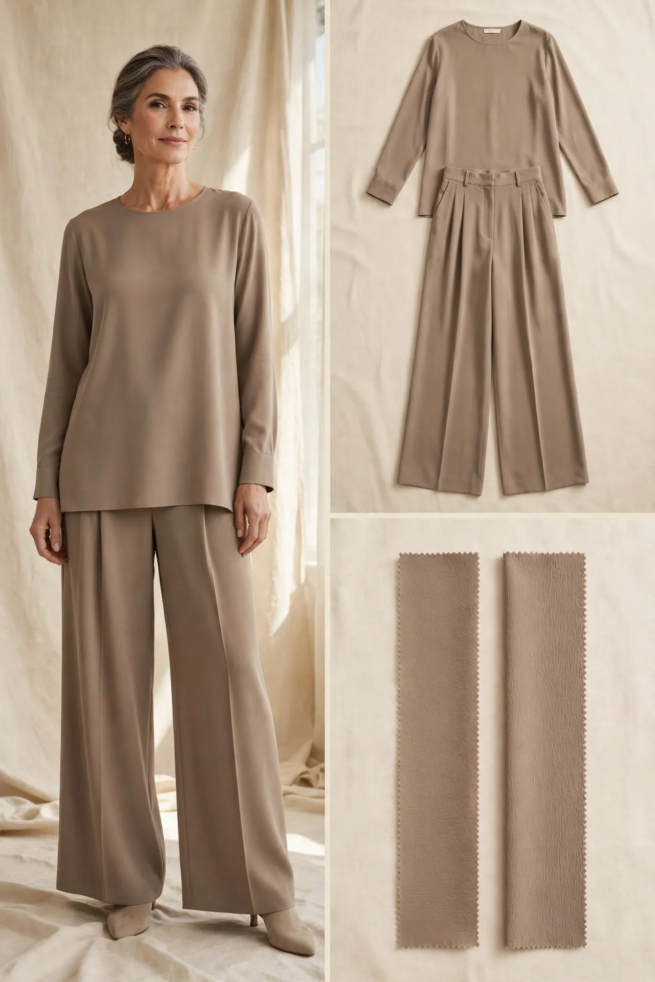 A woman over 50 wearing a tonal taupe outfit of high-waisted wide-leg crepe trousers with a matching longline top.
