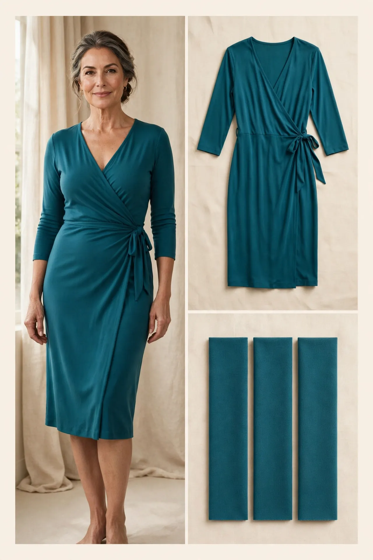 Elegant woman over 50 wearing a teal jersey classic wrap dress with a V-neckline, side waist ties, knee length and 3/4 sleeves, shown as worn photo, flat-lay and fabric swatches