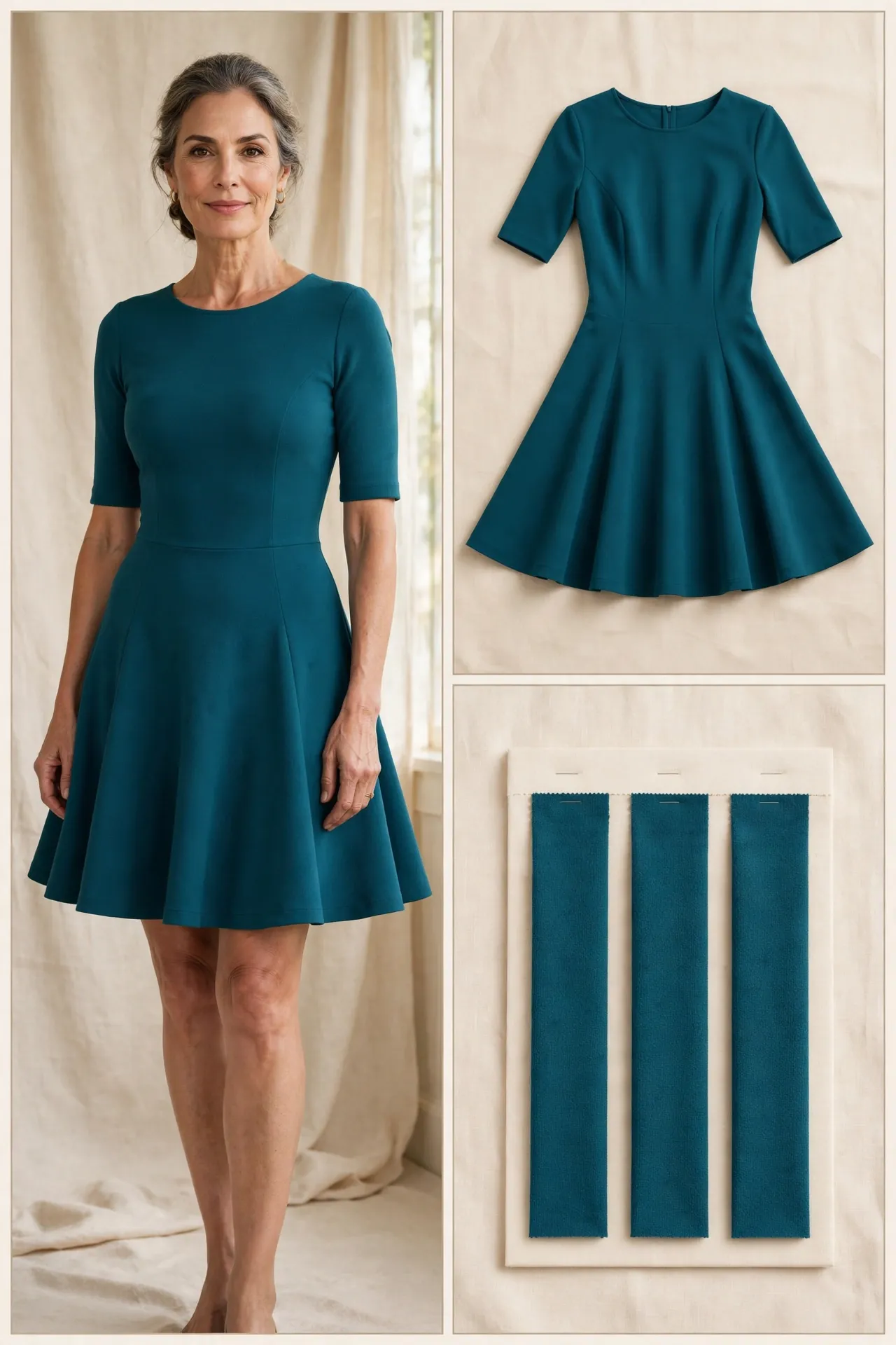 Woman over 50 in a teal ponte skater dress with a fitted bodice and short circular flared skirt, knee length and short sleeves, with matching flat-lay and ponte fabric swatches