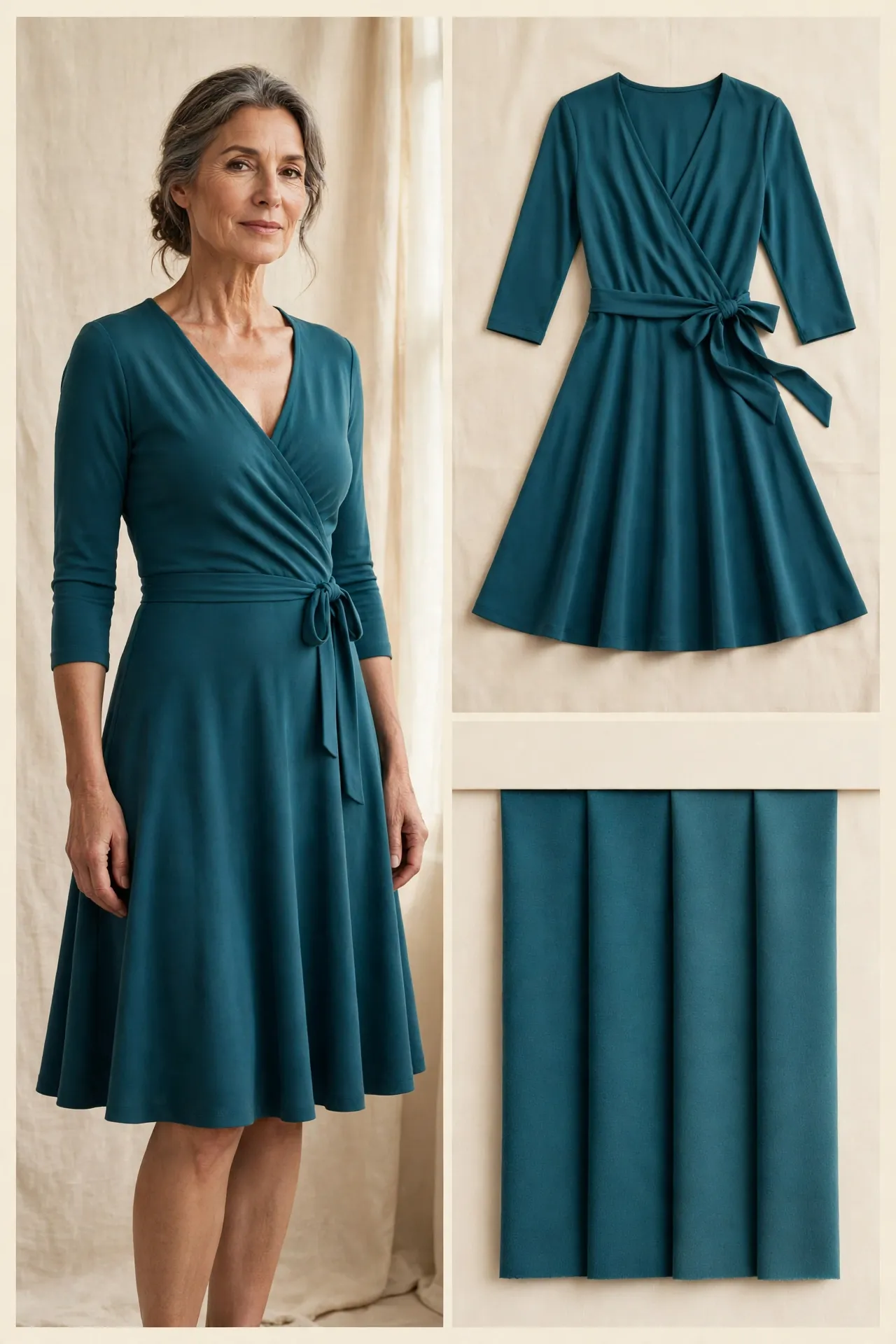Woman over 50 wearing a teal matte-jersey wrap dress with V-neck and A-line flared skirt