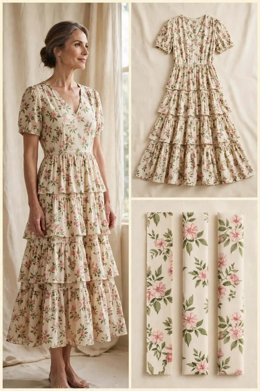 Floral tiered midi dress for pear-shaped women over 50 — layered skirt, flat lay and printed cotton fabric swatches
