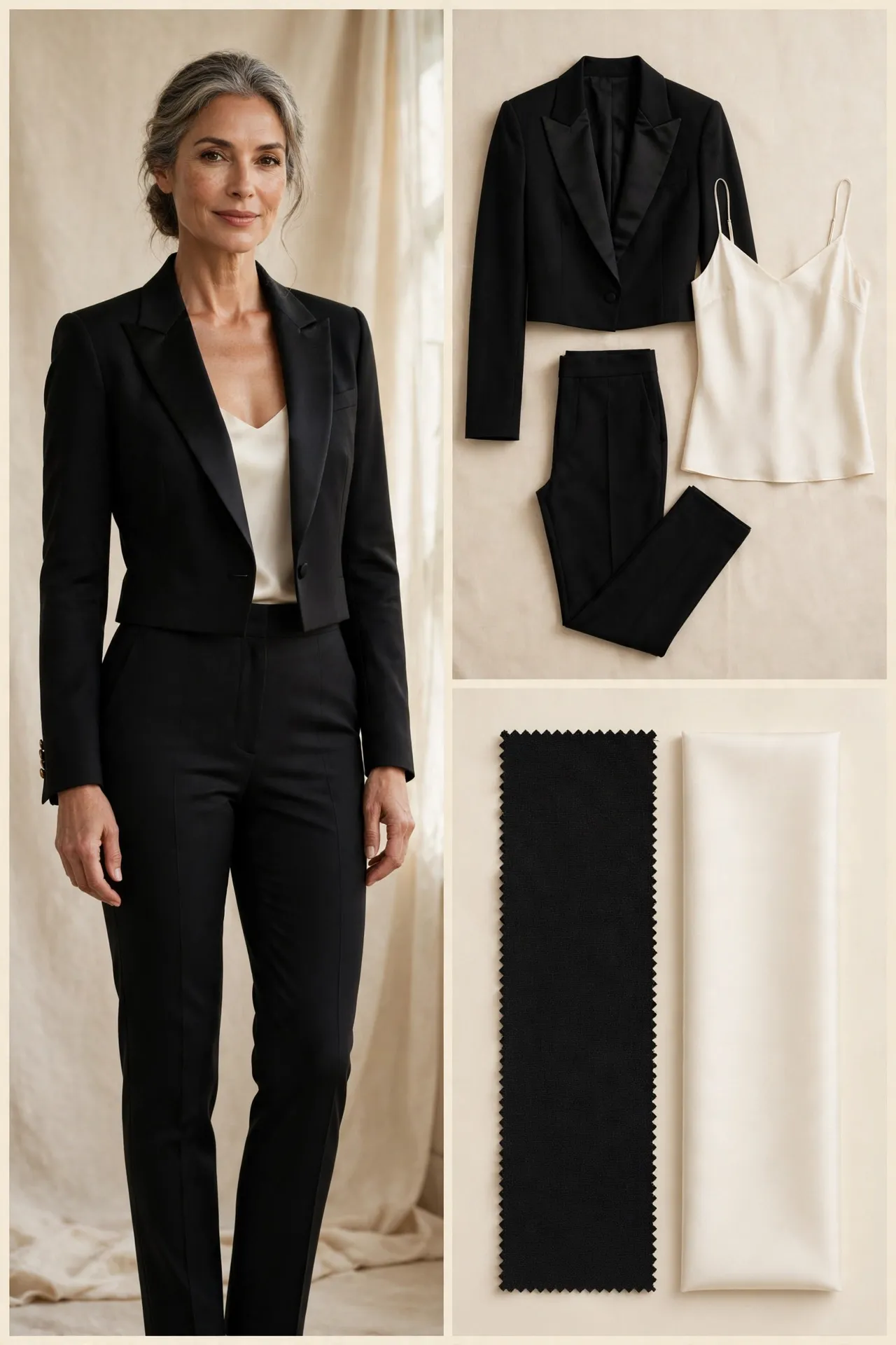 Woman over 50 in a black tuxedo jacket with satin lapels over an ivory silk camisole with slim black trousers, shown with a flat-lay of the garments and fabric swatches