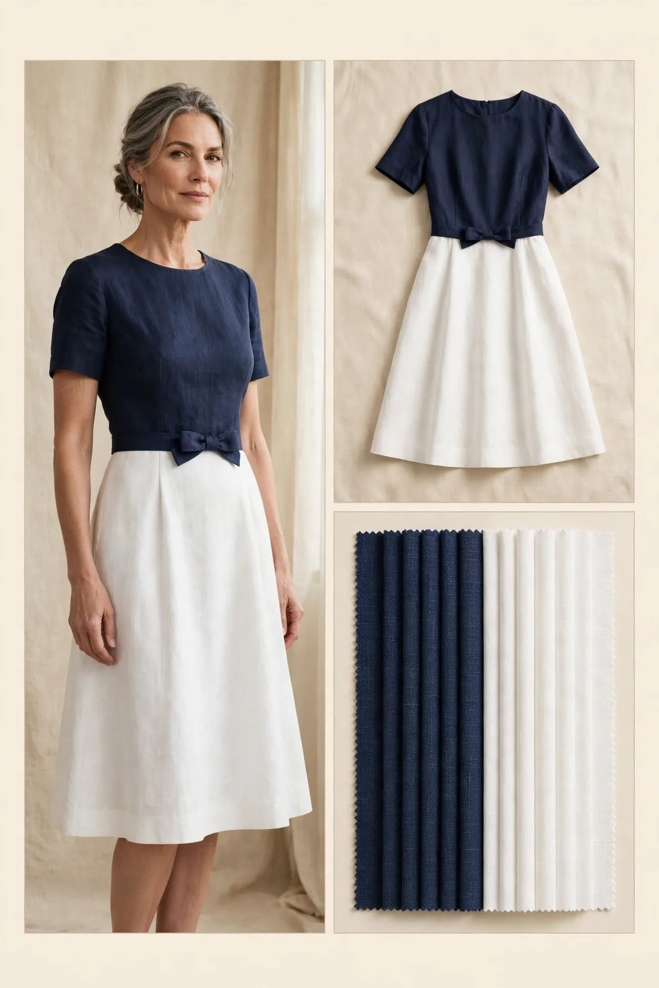 Woman over 50 in a two-tone dress with a navy bodice, white skirt and a small neat bow belt at the waist, knee length and short sleeves, with matching flat-lay and fabric swatches