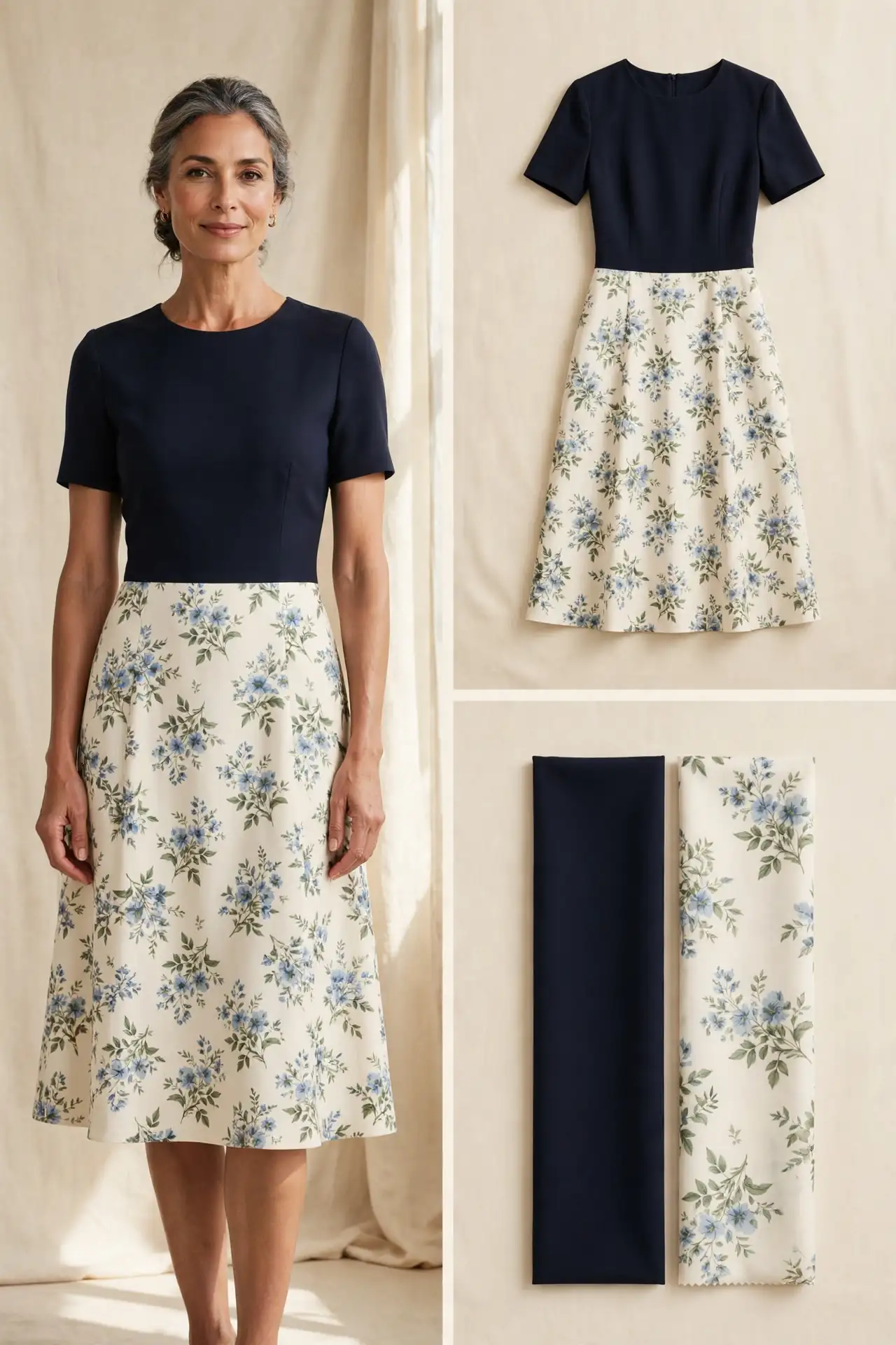 Woman over 50 wearing a two-tone dress with a dark navy bodice and ivory floral skirt