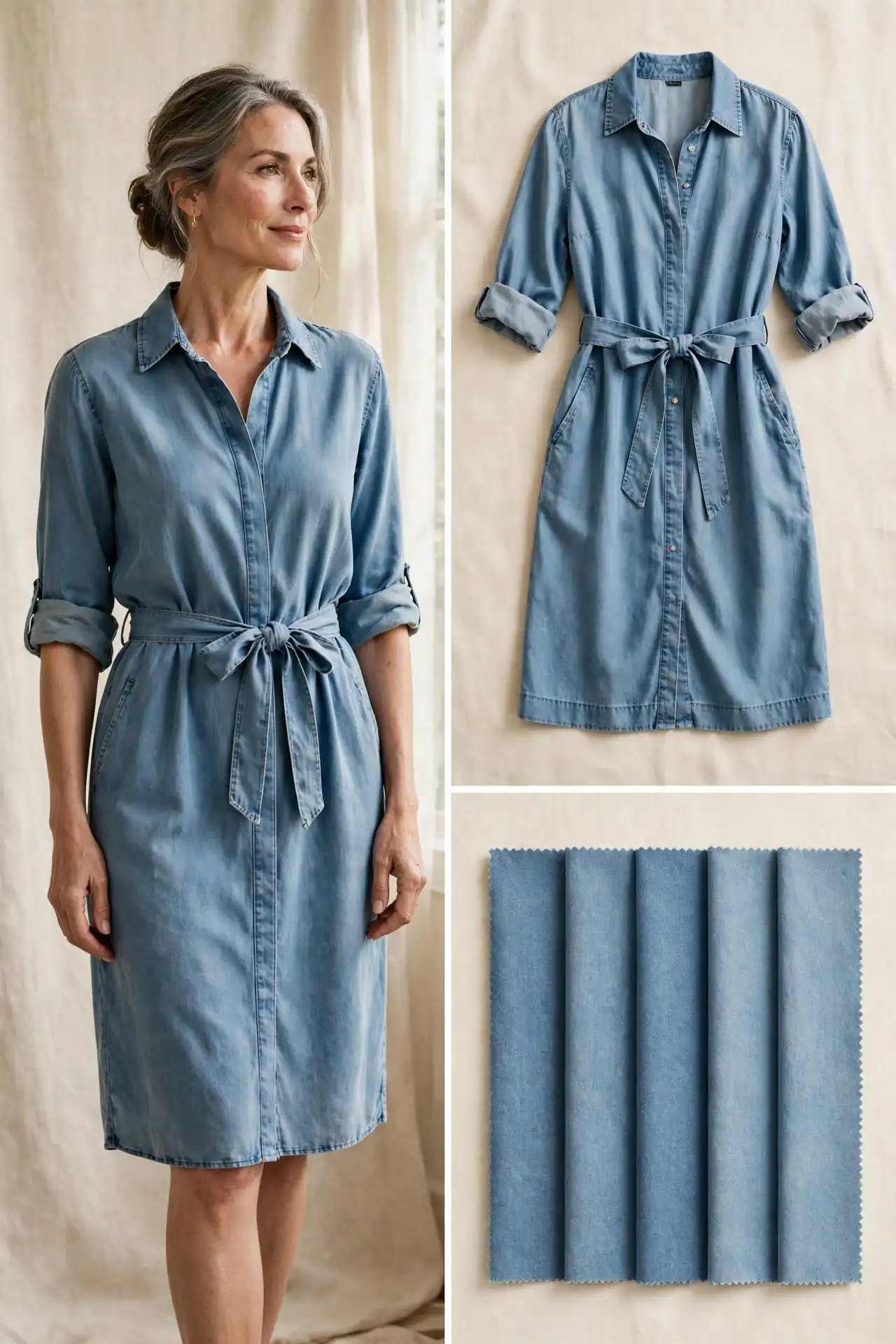 A woman over 50 wearing a washed-denim-blue softly belted shirt dress with rolled sleeves, with matching flat-lay and fabric swatches