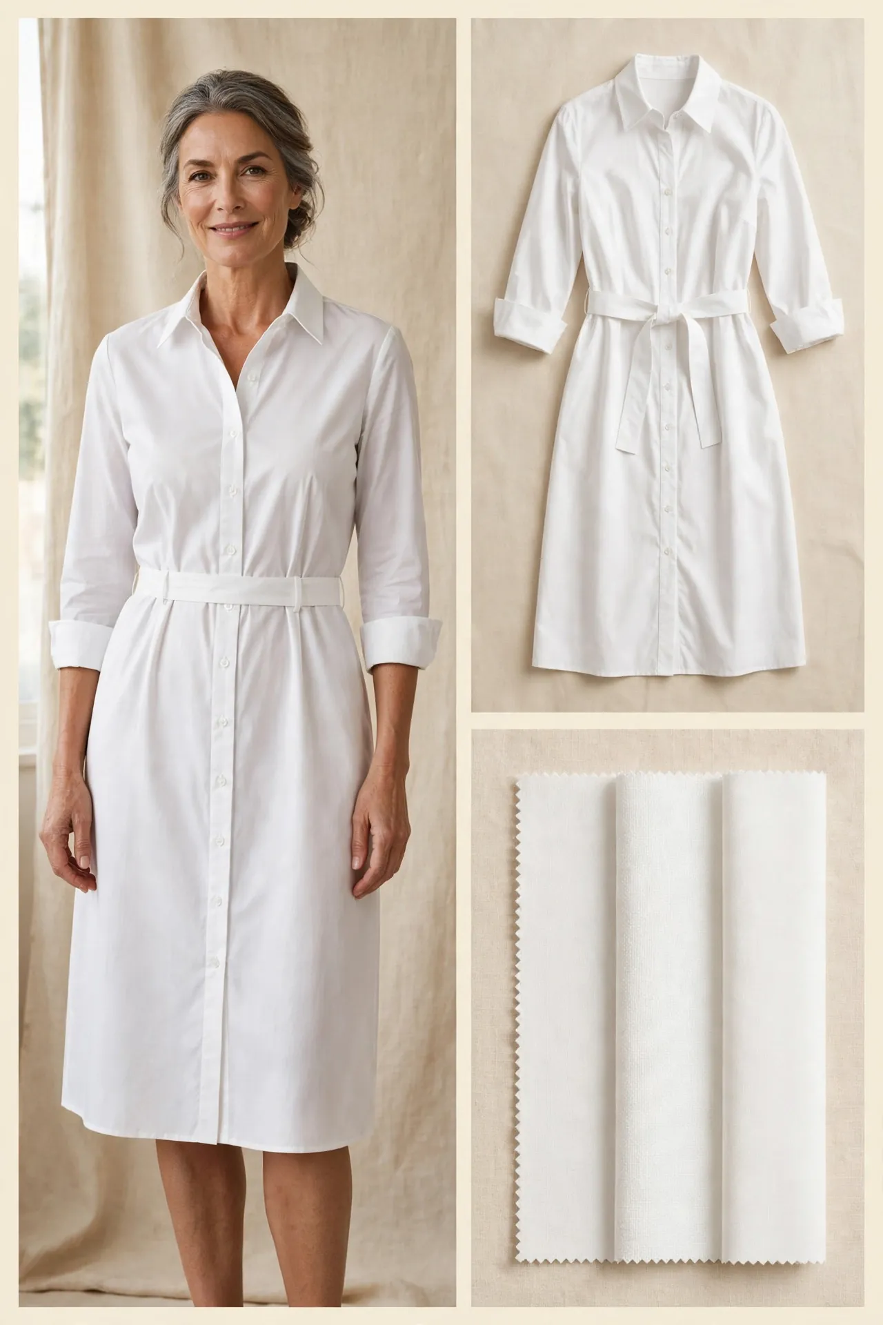 Elegant woman over 50 in a white cotton belted shirtdress with collar, front buttons, cuffs, belted waist and rolled 3/4 sleeves, shown as worn photo, flat-lay and fabric swatches