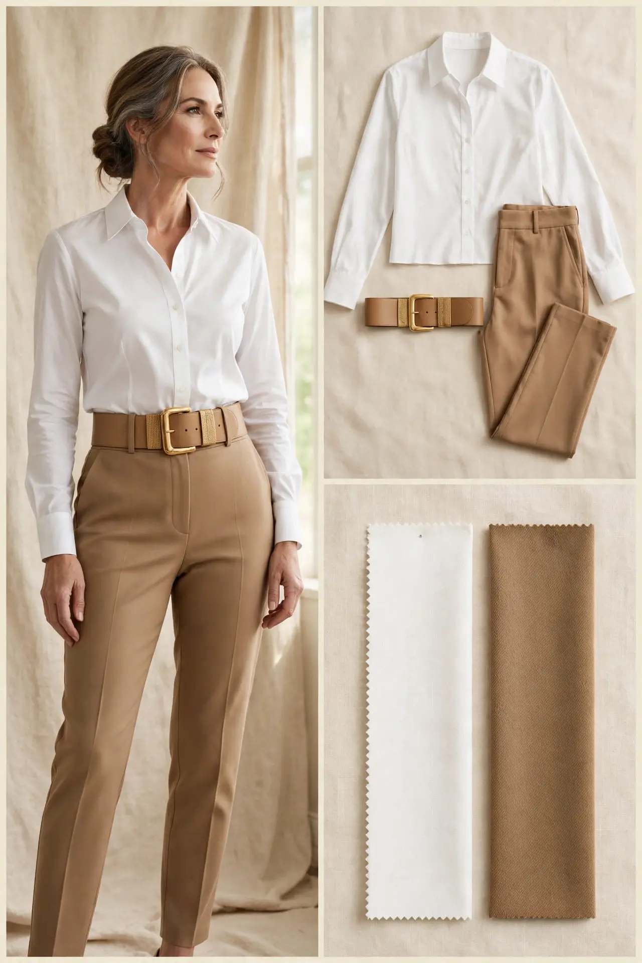 Woman over 50 wearing a crisp white shirt tucked into camel tapered trousers with a wide statement belt, shown with a flat-lay of the shirt, trousers and belt and fabric swatches