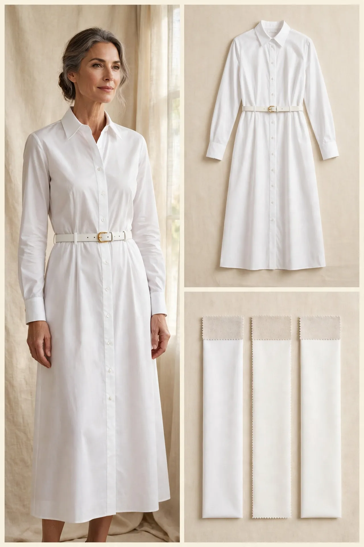A woman over 50 wearing a white cotton-poplin shirt dress with a crisp collar, button placket and slim belt.