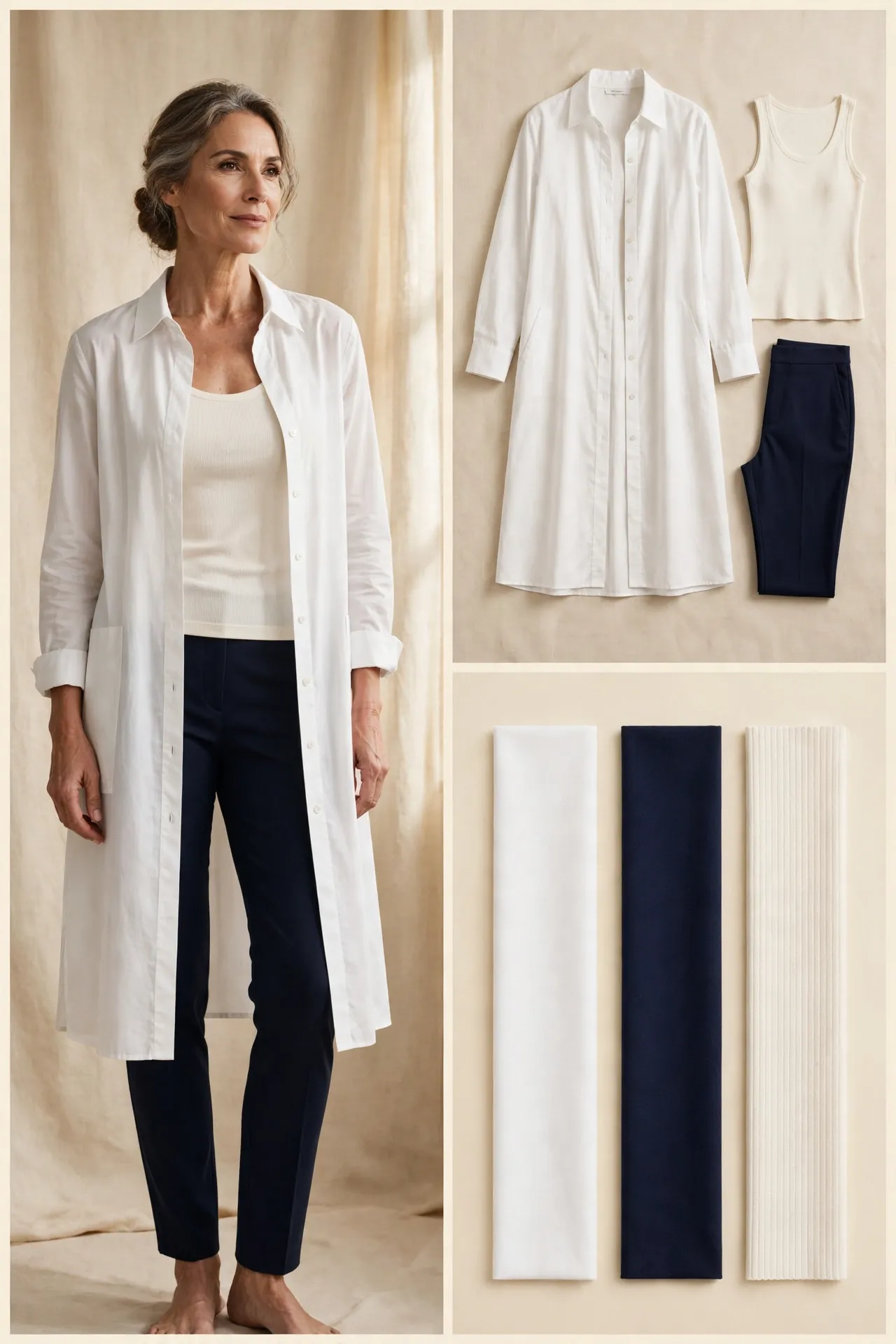 A woman over 50 wearing a white cotton shirt dress open as a coat over navy slim trousers and an ivory tank top.