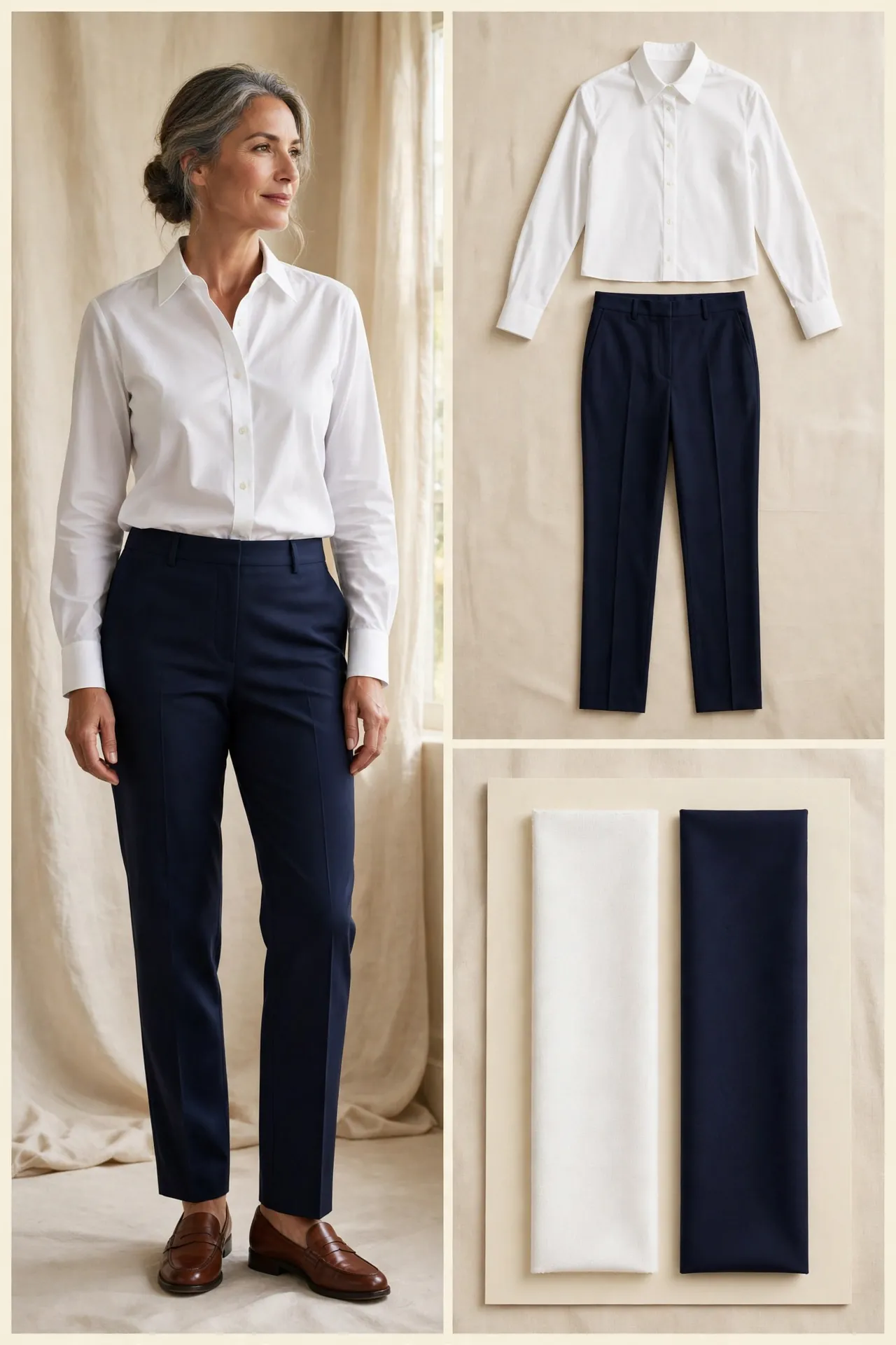 Woman over 50 styled in a crisp white poplin shirt with straight navy trousers and brown leather loafers, plus flat-lay and fabric swatches