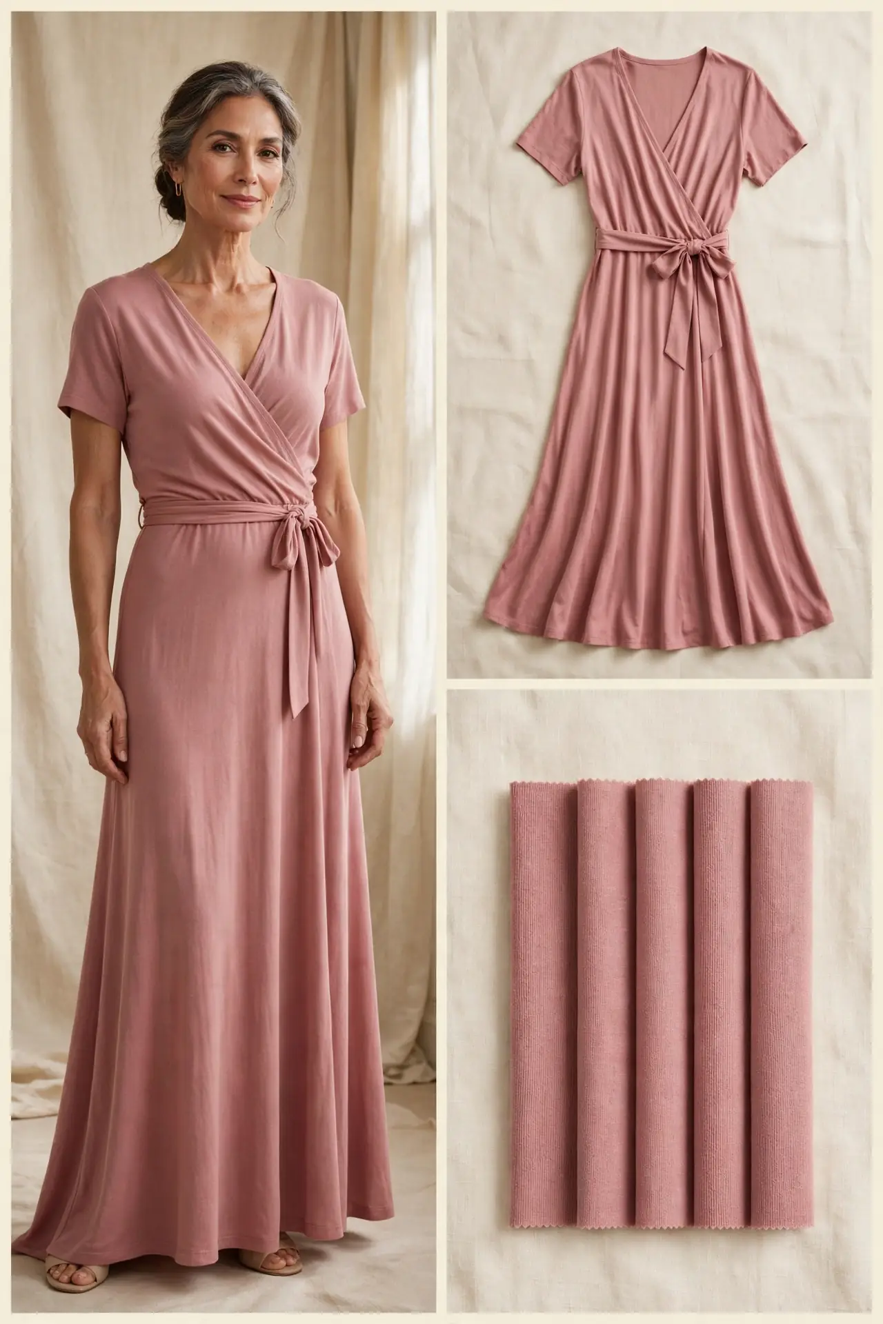 Dusty rose jersey wrap dress for pear-shaped women over 50 — V-neck, waist tie, flat lay and knit fabric swatches